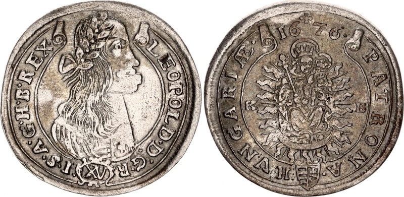 Hungary 15 Krajczar 1676 KB
KM# 175, ÉH# 1058, N# 29658; Silver; Leopold I; Kre...