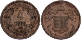 Hungary 4 Krajczar 1868 KB
KM# 442, N# 7074; Copper; Franz Joseph I; AUNC