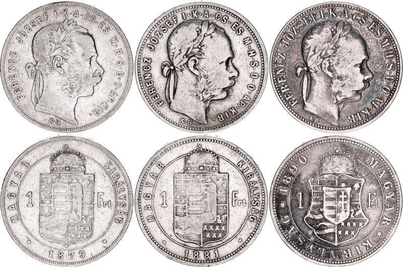 Hungary 3 x 1 Forint 1879 - 1890
KM# 453, 465, 475; Silver; Franz Joseph I; F/V...