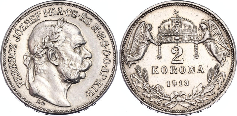 Hungary 2 Korona 1913 KB
KM# 493, ÉH# 1494, H# 2202, Adamo# K6, N# 10991; Silve...