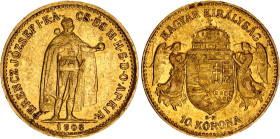 Hungary 10 Korona 1906 KB
KM# 485; Gold (.900) 3.39 g.; Franz Joseph I; Mint: Kremnitz; Mintage 747,606; AUNC
