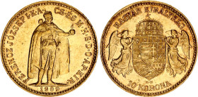 Hungary 10 Korona 1909 KB
KM# 485; Gold (.900) 3.39 g.; Franz Joseph I; Mint: Kremnitz; Mintage 573,816; UNC