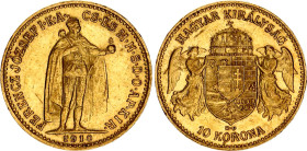 Hungary 10 Korona 1910 KB
KM# 485; Gold (.900) 3.39 g.; Franz Joseph I; Mint: Kremnitz; Mintage 1,361,815; AUNC-UNC
