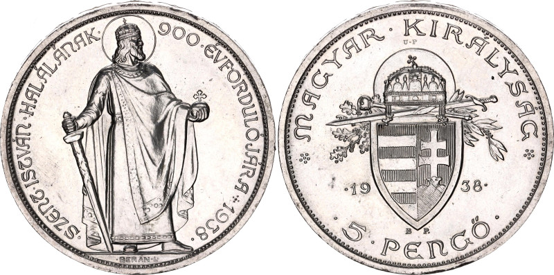 Hungary 5 Pengo 1938 BP Pattern Restrike
X# Pn13.1, N# 42524; Silver., Proof; D...