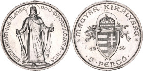 Hungary 5 Pengo 1938 BP Pattern Restrike
X# Pn13.1, N# 42524; Silver., Proof; Death of St. Stephan. Mintage 1000; UNC with hairlines