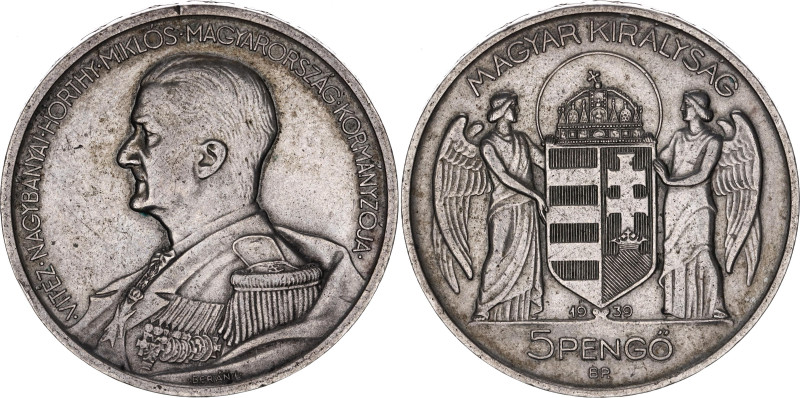 Hungary 5 Pengo 1939 BP
KM# 517, N# 17790; Silver; Miklos Horthy; UNC with hair...