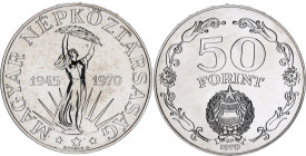 Hungary 50 Forint 1970 BP
KM# 592, N# 21185; Silver., Proof; 25th Anniversary of Liberation; With minor hairlines