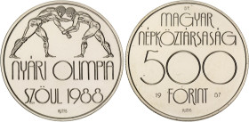 Hungary 500 Forint 1987 BP
KM# 660, Schön# 159, Adamo# EM99, N# 34363; Silver; 24th Summer Olympics in Seoul, 1988 - Wrestlers; Budapest Mint; Mintag...
