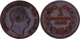 German States Baden 1 Kreuzer 1852
KM# 218.2, AKS# 107, N# 4239; Copper; Leopold I; UNC Luster