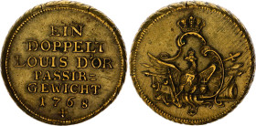 German States Brandenburg-Prussia Brass Weight for 2 Louis d'Or 1768
Olding# 496; Brass 13.20 g., 27 mm.; By Loos; Friedrich II