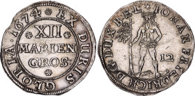 German States Brunswick-Luneburg-Calenberg 12 Mariengroschen 1674
Welter# 1765; Silver; Johann Friedrich; Zellerfeld Mint; XF/AUNC with minor hairlin...