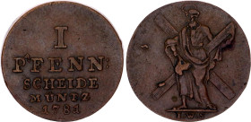 German States Brunswick-Luneburg-Calenberg-Hannover 1 Pfenning 1781 IWS
KM# 380, N# 74719; Copper; George III; XF/AUNC