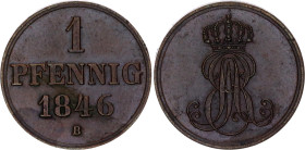 German States Hannover 1 Pfennig 1846 B
KM# 201.1, AKS# 129, J. 74, N# 22467; Copper; Ernst August; UNC Toned