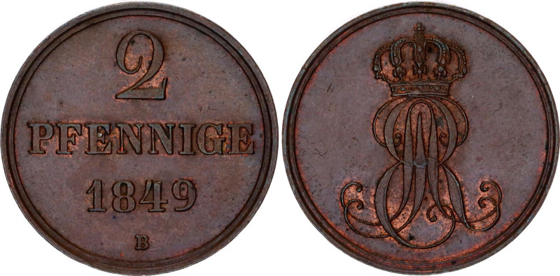 German States Hannover 2 Pfennig 1849 B
KM# 202.1, AKS# 124, J. 75, N# 19537; C...