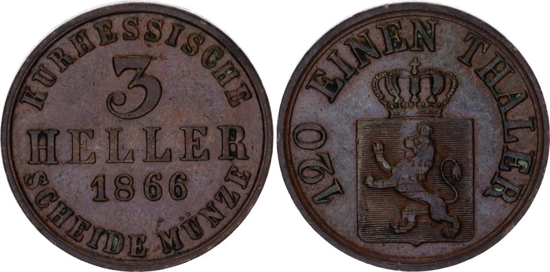 German States Hesse-Cassel 3 Heller 1866
KM# 612, N# 15447; Copper; Friedrich W...