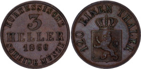 German States Hesse-Cassel 3 Heller 1866
KM# 612, N# 15447; Copper; Friedrich Wilhelm I; UNC Toned