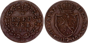 German States Nassau 1/4 Kreuzer 1819 L
KM# 41, AKS# 55, J. 1, N# 16050; Copper; Wilhelm; Usingen Mint; UNC