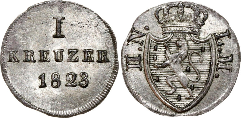 German States Nassau 1 Kreuzer 1823
KM# 44, AKS# 52, J. 30, N# 144726; Silver; ...