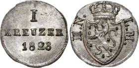 German States Nassau 1 Kreuzer 1823
KM# 44, AKS# 52, J. 30, N# 144726; Silver; Wilhelm; UNC
