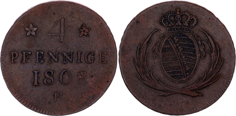 German States Saxony-Albertine 4 Pfennig 1808 H
KM# 1064, AKS# 47, N# 23970; Co...