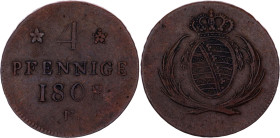 German States Saxony-Albertine 4 Pfennig 1808 H
KM# 1064, AKS# 47, N# 23970; Copper; Friedrich August I; VF