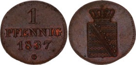 German States Saxony-Albertine 1 Pfennig 1837 G
KM# 1135, AKS# 111, J. 69, N# 58980; Copper; Friedrich August II; UNC with mint luster, tooled surfac...
