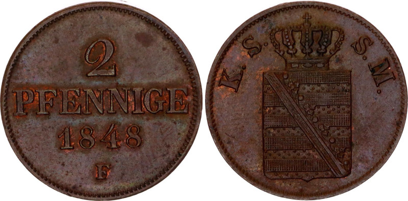 German States Saxony-Albertine 2 Pfennig 1848 F
KM# 1157, AKS# 110, J. 80, N# 1...