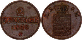 German States Saxony-Albertine 2 Pfennig 1848 F
KM# 1157, AKS# 110, J. 80, N# 16093; Copper; Friedrich August II; UNC Luster