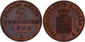 German States Saxe-Weimar-Eisenach 2 Pfennig 1858 A
KM# 206, AKS# 36, J. 534, N# 37012; Copper; Carl Alexander; UNC Luster