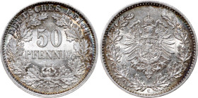 Germany - Empire 50 Pfennig 1877 C
KM# 8, AKS# 4, J. 8, Schön# 8, N# 5618; Silver; Wilhelm I; Frankfurt am Main Mint; UNC Toned, luster.