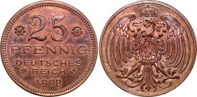Germany - Empire 25 Pfennig 1908 D Pattern
X# 4a, Schaaf 18/G27, N# 284868; Copper, Proof - Prooflike. 4.21 g., 22.6 mm; By Karl Goetz; Wilhelm II; M...