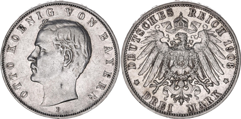 Germany - Empire Bavaria 3 Mark 1908 D
KM# 996, N# 7937; Silver; Otto; XF
