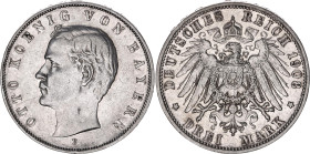 Germany - Empire Bavaria 3 Mark 1908 D
KM# 996, N# 7937; Silver; Otto; XF