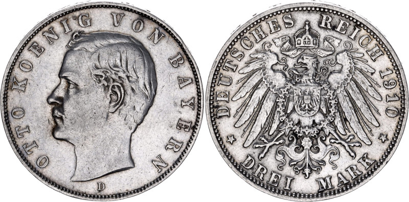 Germany - Empire Bavaria 3 Mark 1910 D
KM# 996, N# 7937; Silver; Otto; XF