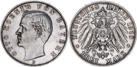 Germany - Empire Bavaria 3 Mark 1910 D
KM# 996, N# 7937; Silver; Otto; XF