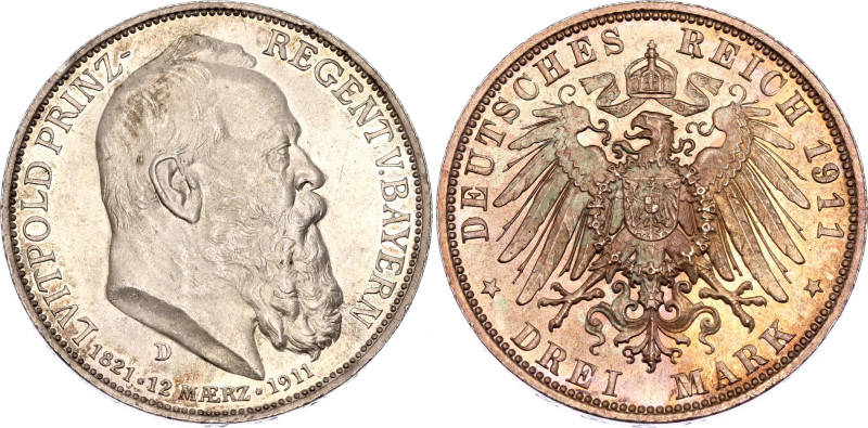Germany - Empire Bavaria 3 Mark 1911 D
KM# 998, N# 15935; Silver; 90th Birthday...