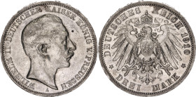 Germany - Empire Prussia 3 Mark 1910 A
KM# 527, AKS# 131, J. 103, N# 3643; Silver; Wilhelm II; Berlin Mint; XF