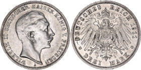 Germany - Empire Prussia 3 Mark 1911 A
KM# 527, N# 3643; Silver; Wilhelm II; XF+