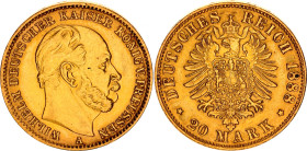 Germany - Empire Prussia 20 Mark 1888 A
KM# 505, J. 246, N# 32031; Gold (.900) 7.97 g.; Wilhelm I; Berlin Mint; XF-AUNC
