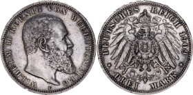 Germany - Empire Wurttemberg 3 Mark 1909 F
KM# 635, N# 10840; Silver; Wilhelm II; XF