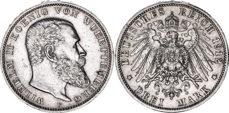 Germany - Empire Wurttemberg 3 Mark 1912 F
KM# 635, N# 10840; Silver; Wilhelm I...