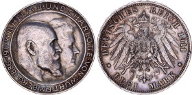 Germany - Empire Wurttemberg 3 Mark 1911 F
KM# 637, N# 86635; Type: High H; Silver; Wilhelm II, Wilhelm II & Charlotte Wedding Jubilee (1886 - 1911);...