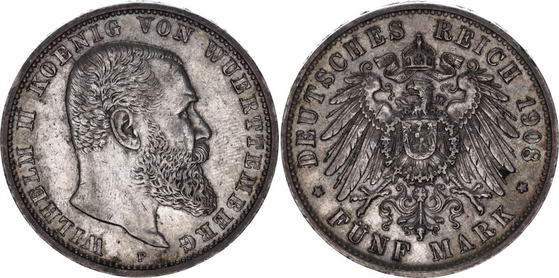Germany - Empire Wurttemberg 5 Mark 1908 F
KM# 632, N# 15899; Silver; Wilhelm I...
