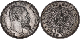 Germany - Empire Wurttemberg 5 Mark 1908 F
KM# 632, N# 15899; Silver; Wilhelm II; XF