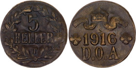 German East Africa 5 Heller 1916 T
KM# 14, N# 21770; Brass; Wilhelm II, Tabora Emergency Company; UNC