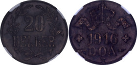 German East Africa 20 Heller 1916 T NGC MS 64
KM# 15a, N# 37340; Obverse A and reverse A;; Brass; Wilhelm II; Tabora Emergency Coinage
