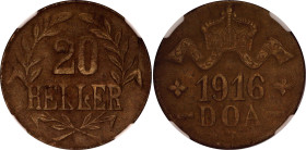 German East Africa 20 Heller 1916 T NGC MS 63
KM# 15a, N# 37340; Obverse A and reverse A;; Brass; Wilhelm II; Tabora Emergency Coinage
