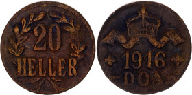 German East Africa 20 Heller 1916 T
KM# 15a, N# 37340; Brass; Wilhelm II, Tabora Emergency Company; Obvers A, Revers B; AUNC/UNC