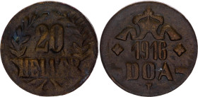 German East Africa 20 Heller 1916 T
KM# 15, N# 11912; Brass; Wilhelm II, Tabora Emergency Company; Obvers B, Revers B; UNC