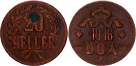 German East Africa 20 Heller 1916 T
KM# 15, N# 11912; Copper; Wilhelm II, Tabora Emergency Company; Obvers B, Revers B; UNC